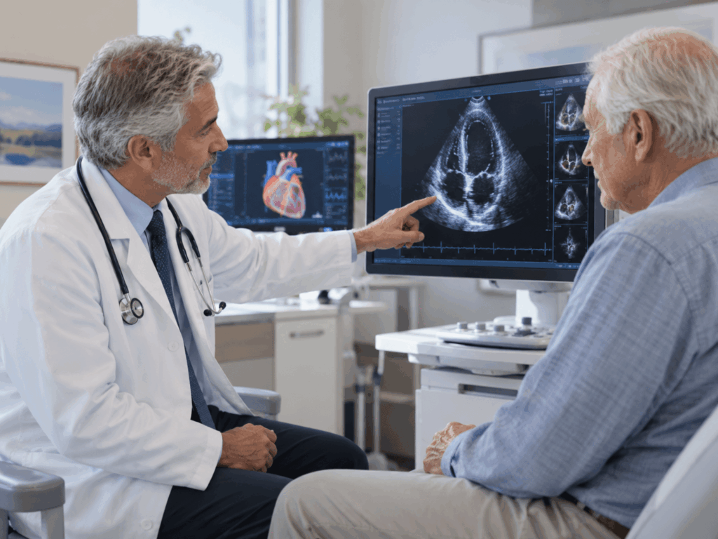 A doctor in a white coat points at a heart ultrasound image on a monitor while explaining results to an older male patient in a medical office.