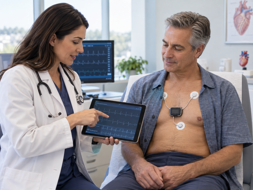 A doctor shows a male patient his heart monitor results on a tablet. The patient, sitting on an exam table, wears heart monitoring electrodes and a device on his chest in a medical office.