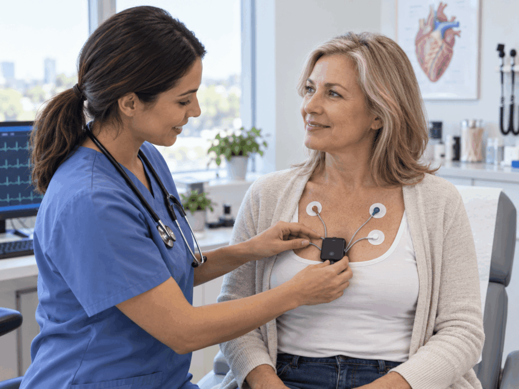 A nurse attaches ECG electrodes to a smiling woman’s chest in a medical office, preparing to monitor her heart activity. Medical charts and equipment are visible in the background.