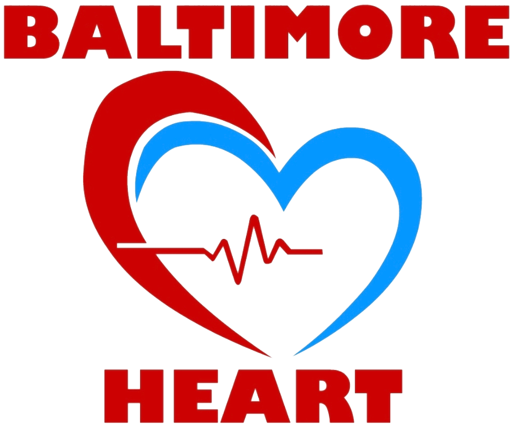 Logo with red text reading “Baltimore Heart” and an image of two overlapping heart outlines, one red and one blue, with a red electrocardiogram line inside the hearts.