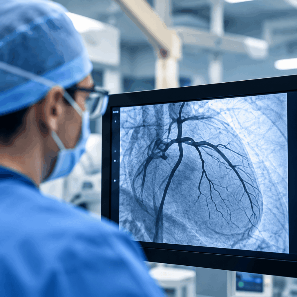 A medical professional in scrubs and a mask examines a monitor displaying a black-and-white angiogram image of a human heart and blood vessels in a clinical setting.