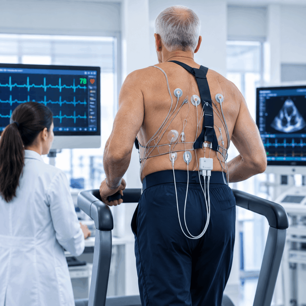 A man on a treadmill undergoes a cardiac stress test, wearing electrodes and monitored by a doctor. Medical equipment and heart rate data are visible on screens nearby.